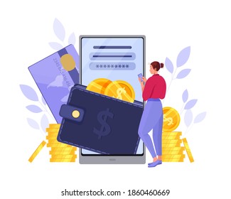 Concepto de vector de pago digital o de cartera electrónica con mujer, smartphone, tarjeta de crédito, monedas en dólares apiladas. Ilustración plana de transferencia de dinero o transacción móvil. Diseño de pago o compra digital