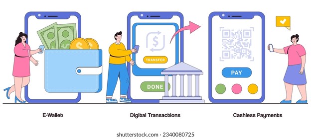 Cartera electrónica, transacciones digitales, concepto de pagos sin efectivo con carácter. Juego de Ilustración del Vector Resumen de Finanzas Digitales. Comodidad, Seguridad, Metáfora De Manejo De Dinero Sin Precedentes.