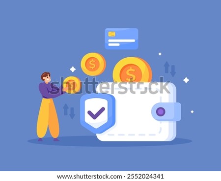 e-wallet or electronic wallet concept. transaction and saving money in a safe and trusted online bank. illustration of a customer sending money to a digital wallet. customers and finance. flat style