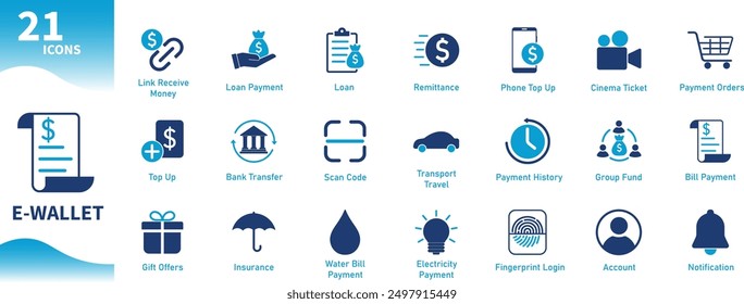 E-wallet icons. Set of flat icons on payment, money, finance, business, technology, internet, digital, loan, banking. Solid vector icons