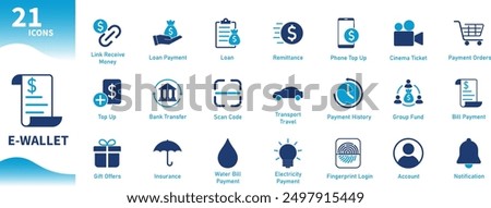 E-wallet icons. Set of flat icons on payment, money, finance, business, technology, internet, digital, loan, banking. Solid vector icons
