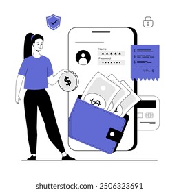 Cartera electrónica, banca móvil, pago en línea. Mujer que hace la transacción digital con el teléfono móvil. Ilustración vectorial con gente de línea para el Diseño web.	
