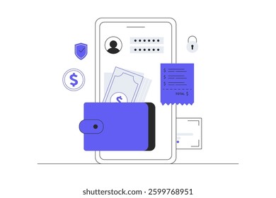 E-wallet, mobile banking, online payment. Doing digital transaction with mobile phone. Flat Cartoon Vector Illustration, icon. Stylish abstract design for website