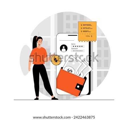 E-wallet, mobile banking, online payment. Woman doing digital transaction with mobile phone. Illustration with people scene in flat design for website and mobile development.	
