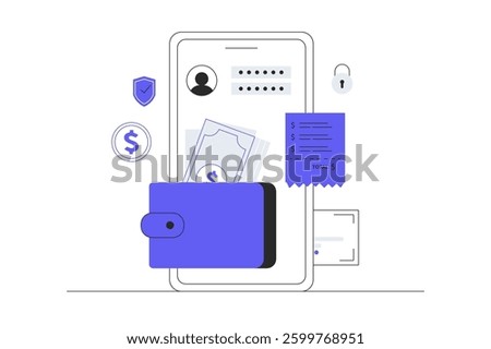 E-wallet, mobile banking, online payment. Doing digital transaction with mobile phone. Flat Cartoon Vector Illustration, icon. Stylish abstract design for website