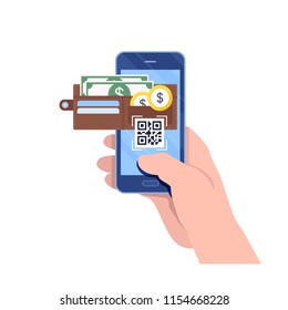 e-wallet, mobile payment, QR code, smartphone. Flat cartoon illustration vector graphic on white background.
