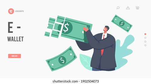 E-wallet Online Payment, Transaction Landing Page Template. Tiny Businessman Character Transfer Money via Digital Wallet Cashless Paying Platform or Application. Cartoon People Vector Illustration