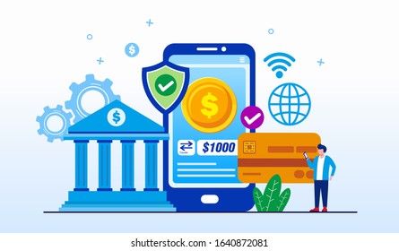 E-wallet payment application smartphone. cashless fintech technology landing page website illustration flat vector template 