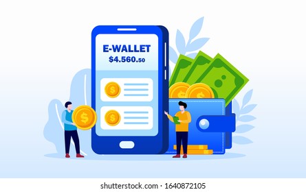 E-wallet payment application smartphone. cashless fintech technology landing page website illustration flat vector template 