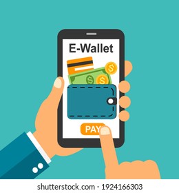 E-wallet payment, digital currency concept vector illustration. Hand holding smartphone and making online payment by E-wallet.