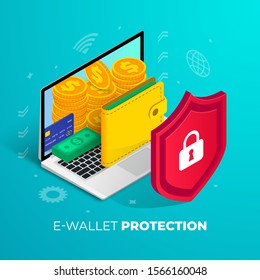 E-wallet protection concept isometric. 3d gold coins stack, credit card, money bundle, purse on laptop screen. Digital money, internet banking symbol for web, online apps, design. Vector illustration