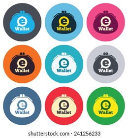 eWallet sign icon. Electronic wallet symbol. Colored round buttons. Flat design circle icons set. Vector