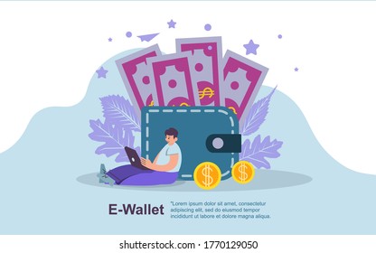 e-wallet technology payment concept with people and gold coin money pay use app or apps model - vector illustration EPS
