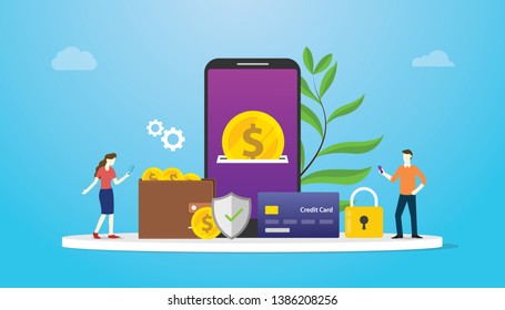 e-wallet technology payment concept with team people and gold coin money pay use app or apps model - vector illustration