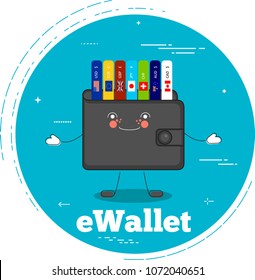eWallet trendy concept in line art style. Banking and finance, ecommerce service sign, business technology. Men wallet with world currency signs funny character vector illustration.