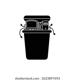 E-Waste Bin with Old Computer and Wires in Solid Black