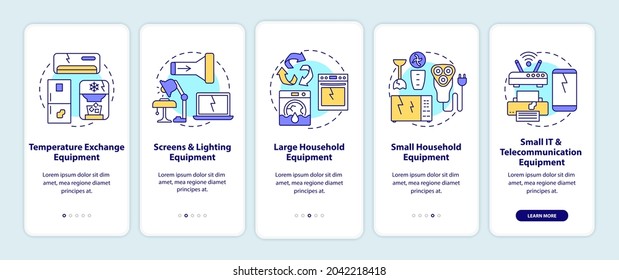 E-waste categories onboarding mobile app page screen with concepts. Large, small equipment walkthrough 5 steps graphic instructions. UI, UX, GUI vector template with linear color illustrations