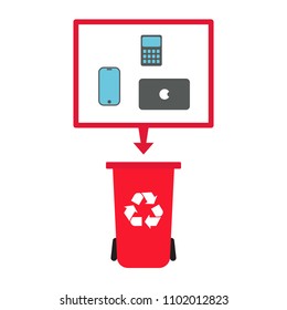 e-waste concept. Electronic devices going to recycle in red waste bin. flat style isolated vector image