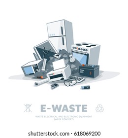 E-waste electrical and electronic appliance trash pile. Computer and obsolete electronic equipment from household fallen on ground in garbage stack. Isolated litter recycling illustration.