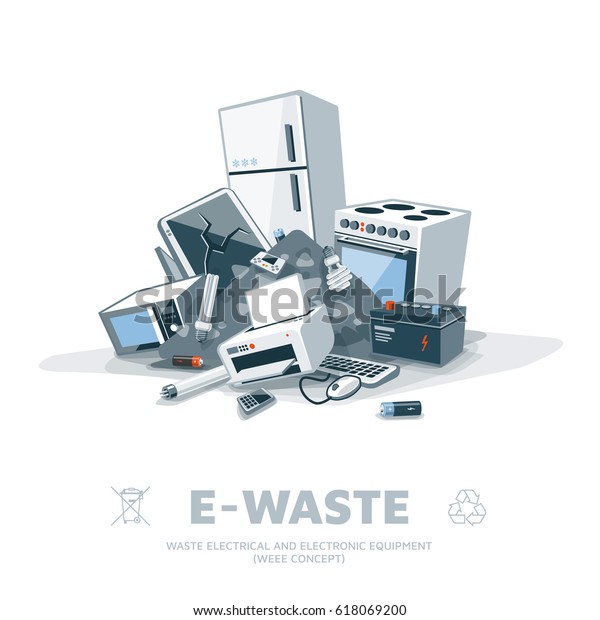 電子 電子機器のごみ箱 家庭のコンピューターと旧式の電子機器がゴミ箱に捨てられた ごみのリサイクルイラスト のベクター画像素材 ロイヤリティフリー