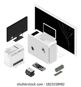 E-waste Electronic Equipment Pile. Waste Management Concept. Isometric Veiw. Vector