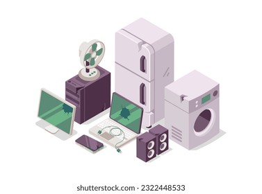 E-waste electronic equipment pile. Waste management concept. Isometric veiw. Vector