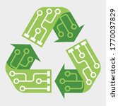 E-waste garbage icon. Old discarded electronic waste to recycling symbol. Ecology concept. Design by recycle sign with circuit lines. Flat colors style vector illustration isolated on grey background
