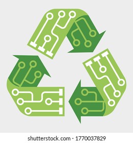 E-waste garbage icon. Old discarded electronic waste to recycling symbol. Ecology concept. Design by recycle sign with circuit lines. Flat colors style vector illustration isolated on grey background