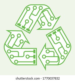 E-waste garbage icon. Old discarded electronic waste to recycling symbol. Ecology concept. Design by recycle sign with circuit lines. Outline style vector illustration isolated on green background