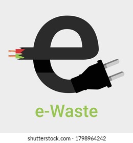 E-waste Garbage Icon. Old Discarded Electronic Waste To Recycling Symbol. Ecology Concept. Design By Wire With Plug In Form Of Letter E Sign. Flat Colors Style Vector Isolated On Grey Background