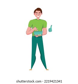 Ewaste garbage sorting flat concept with man putting used batteries into container vector illustration