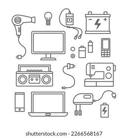 Juego de ilustraciones de desechos electrónicos. Aparatos electrónicos reciclables.