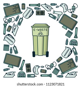 E-waste illustration with trash and dumpster. Linear style vector illustration. EPS10