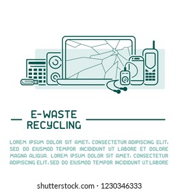 E-waste info poster ready concept with old appliances and inscription. Line style vector illustration. There is place for your text