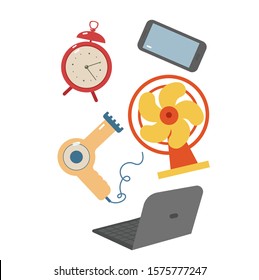 E-waste isolated on white background, alarm clock, computer, broken phone, broken hair dryer, fan. Recycling garbage, waste sorting.
Modern flat vector illustration.