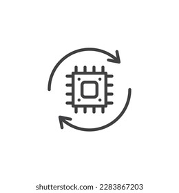 Icono de línea de desechos electrónicos. signo de estilo lineal para concepto móvil y diseño web. Chip de computadora y flechas de reciclaje dibujan un icono vectorial. Símbolo, ilustración del logotipo. Gráficos vectoriales