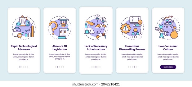 E-waste management challenges onboarding mobile app page screen with concepts. Legislation absence walkthrough 5 steps graphic instructions. UI, UX, GUI vector template with linear color illustrations