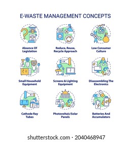 E-waste management concept icons set. Consumer culture idea thin line RGB color illustrations. Reduce, reuse, recycle approach. Household equipment. Vector isolated outline drawings. Editable stroke