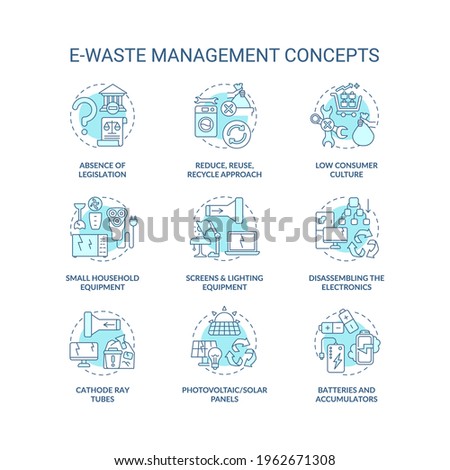 E-waste management concept icons set. Consumer culture idea thin line RGB color illustrations. Disassembling electronics. Batteries and accumulators. Vector isolated outline drawings. Editable stroke