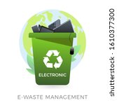 E-waste management concept - waste recycle container bin with old electronic equipment - laptop, phone, keyboard, mouse, computer. Vector illustration icon in flat style isolated on white background