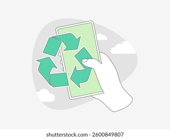 E-waste management, digital sustainability and eco-friendly technology. Ideal for concepts like phone recycling and green tech. E-waste management smartphone with recycling symbol vector illustration