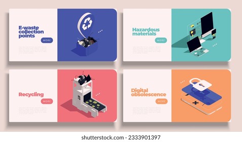 E-waste management isometric set of four horizontal banners with editable text and clickable more button vector illustration