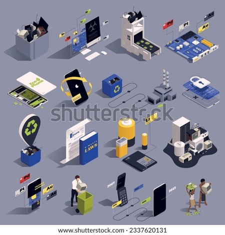 E-waste management isometric set of isolated icons with conceptual images of recycling old electronic devices vector illustration