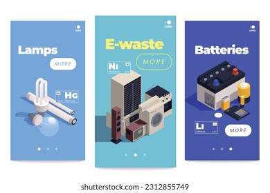 Isometometrische E-Abfallbewirtschaftung von vertikalen Bannern mit Lampen Batterien Haushaltgeräte und chemische Elemente Vektorgrafik