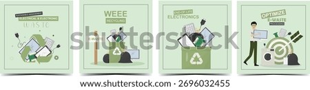 E-Waste Management Professional Card Set. Sustainable management, recycling, and optimization of electrical and electronic waste for business solutions. E-waste concept. Flat style.Vector illustration