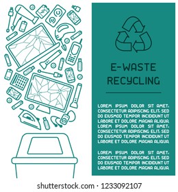 E-waste ready booklet concept with old appliances and inscription. Line style vector illustration. There is place for your text
