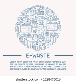 E-waste ready template with old appliances and inscription. E-waste icons set. Line style vector illustration. There is place for your text