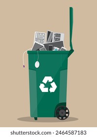 e-waste recycle bin container with old computer equipment, phones, laptop, mouse, keyboard. vector illustration in flat style