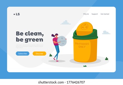 E-Müll Recycling, Sortieren und Segregation Landing Page Template. Kleine weibliche Charaktere tragen riesige Tablet-Batterien, um Müll in Mülltonne zu werfen, um die Umweltverschmutzung zu verringern. Cartoon-Vektorgrafik