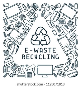 E-waste recycling card with old appliances and lettering. Linear style vector illustration. There is a place for your text. EPS10